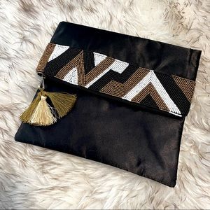 NWOT Silky Black Beaded Clutch with Tassel and Magnet Clasp Embellished